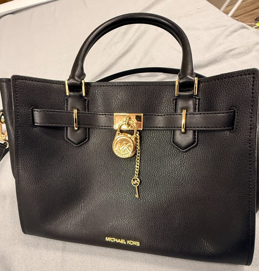 Michael Kors Hamilton Satchel Shoulder Crossbody Bag Womens Medium Black Leather